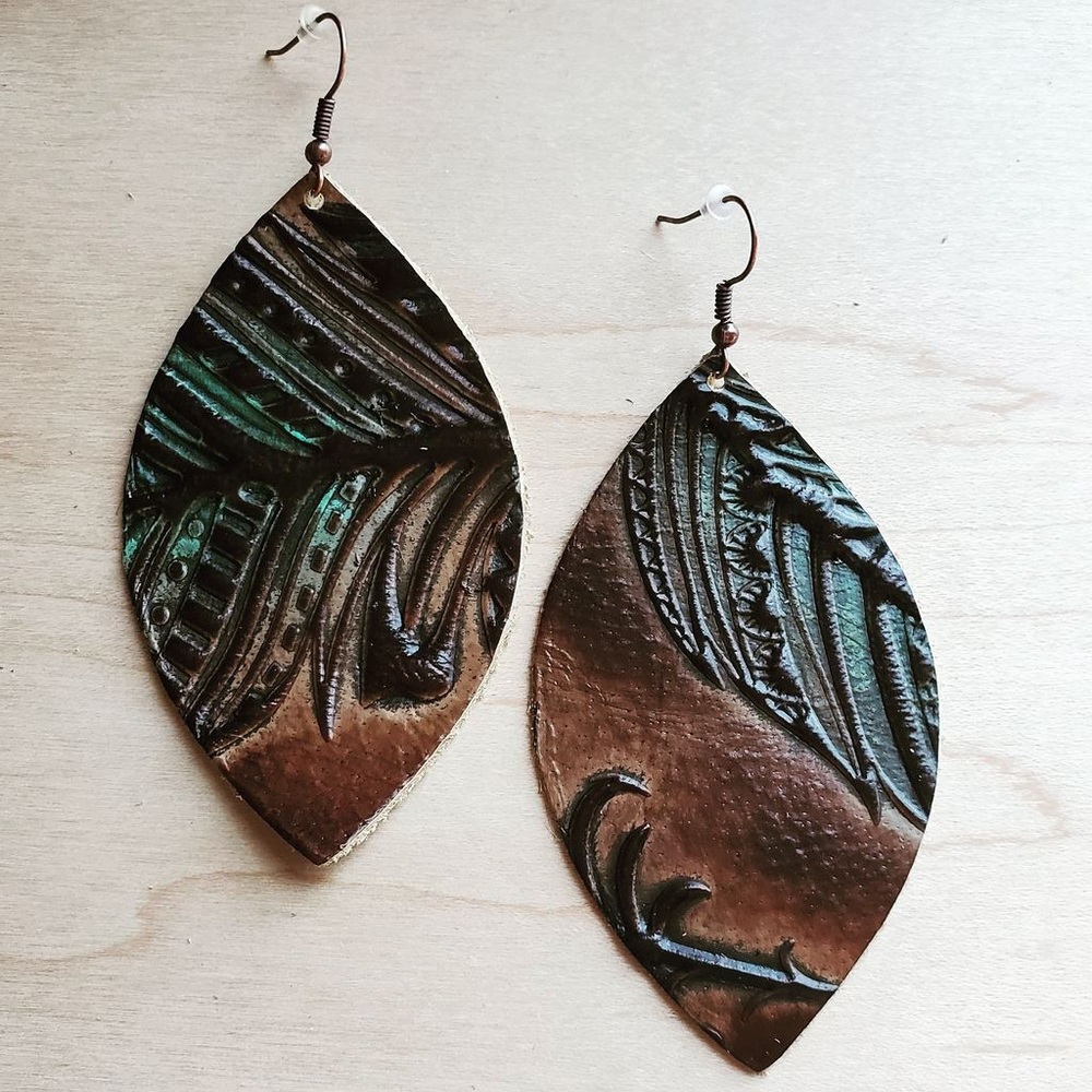 Leather Oval in Embossed Tan/Turquoise Feathers